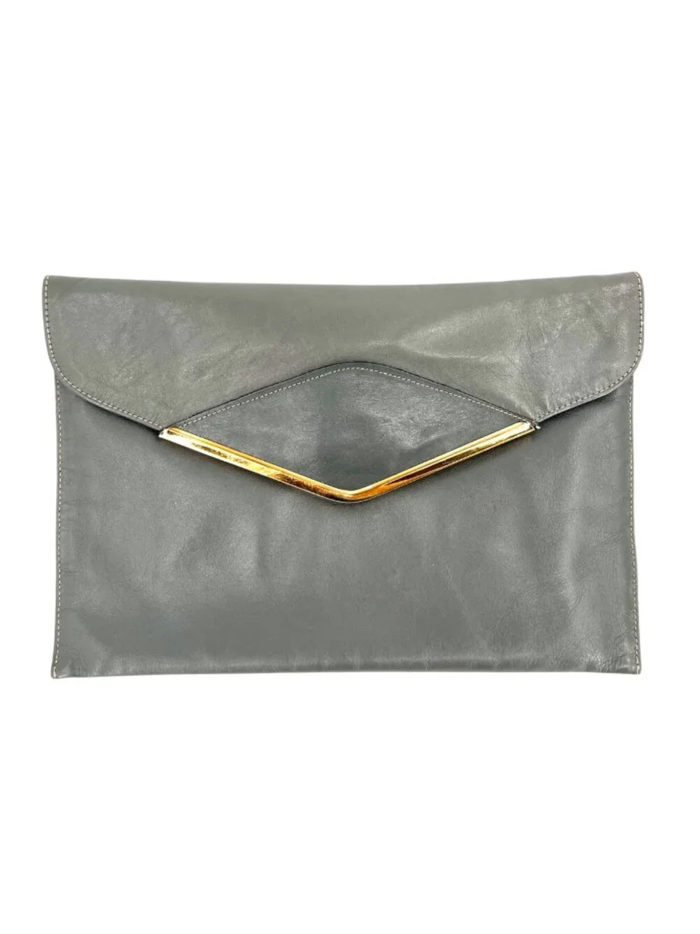 Phillipe 1970s Gray Leather Envelope Clutch Gold Trim Vintage Minimalist